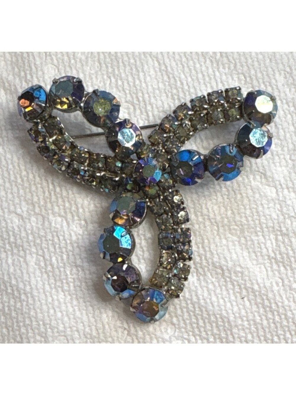 Vintage Juliana Aurora Borealis Rhinestone Silver-Tone Brooch in Abstract Design
